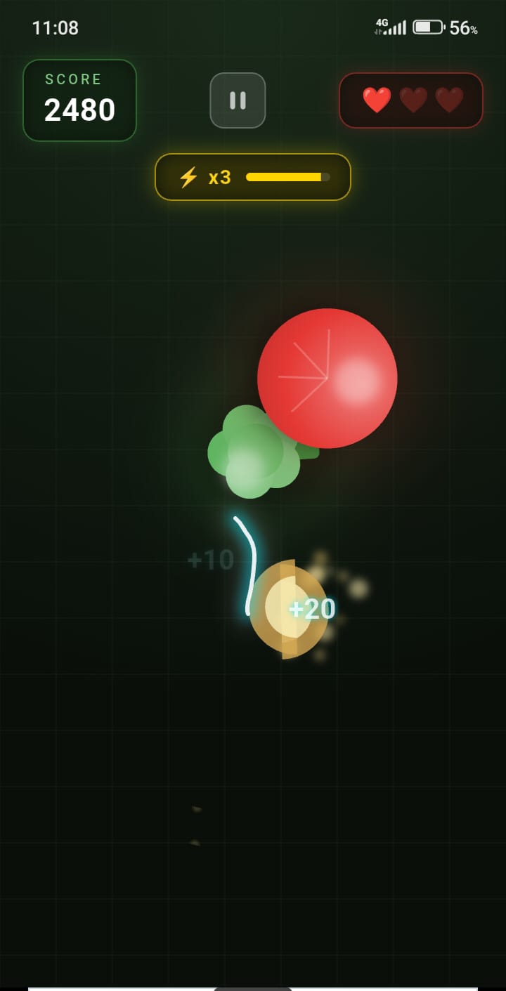 Live Veggie Slash gameplay screen showing score, combo, hearts, and flying vegetables