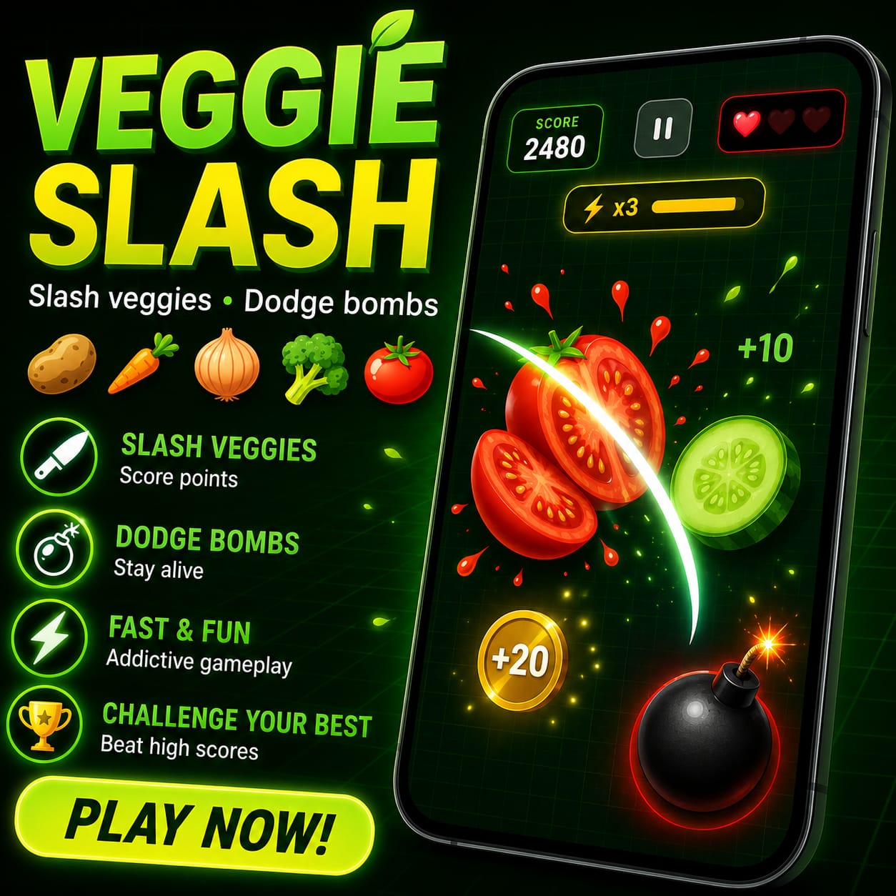 Veggie Slash gameplay with sliced tomatoes, cucumber, score coins, and a bomb